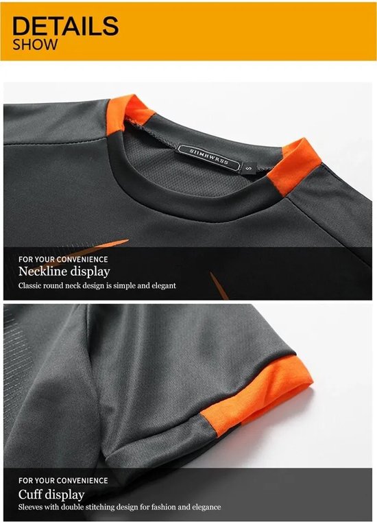Donkergrijs sportshirt met oranje kraag en manchetten. Klassiek rond ontwerp, met dubbele stiksels voor manchetten.