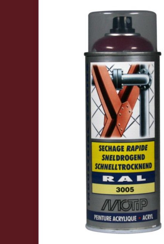 Spuitbus Motip acryl lak RAL 3005 wijnrood. Naast de spuitbus een kleurstaal van de wijnrode lak.
