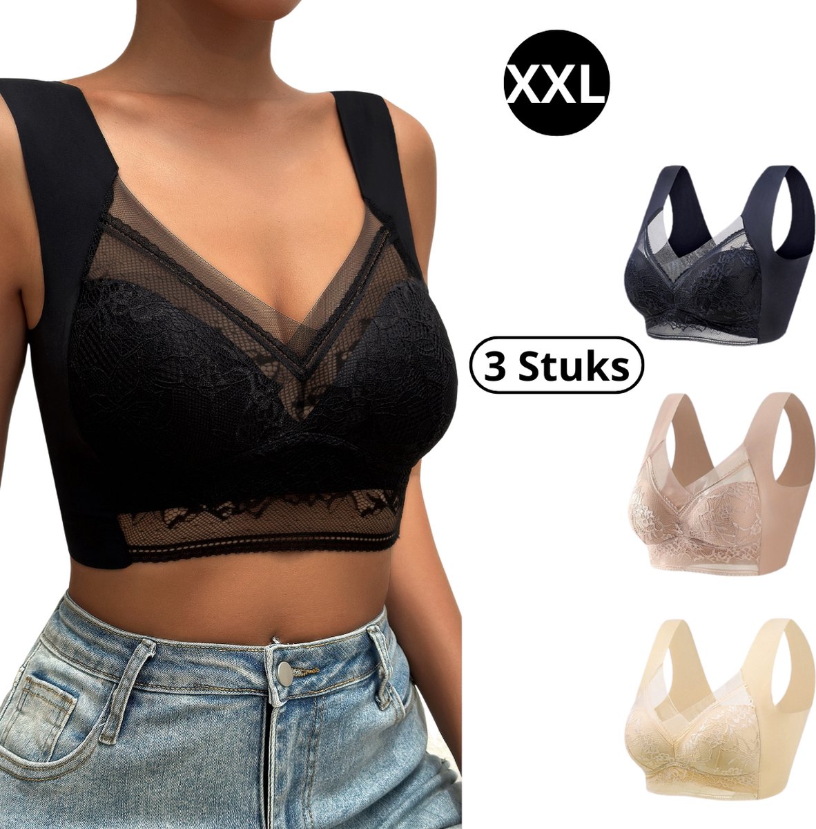 Bovista BH Zonder Beugel - Zonder Bandjes - Push-up Bh's - Comfort Bh - 3 stuks - XXL