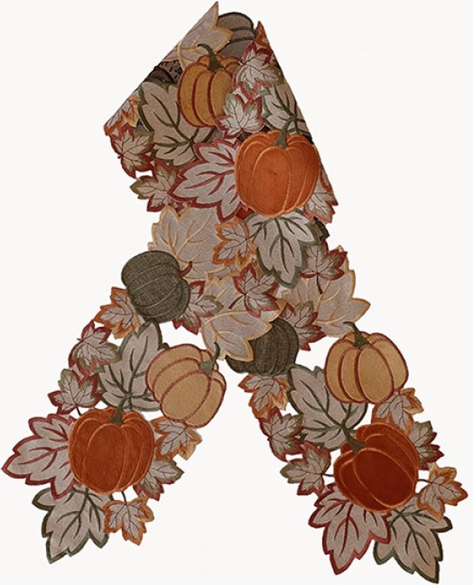 Tafelloper - Herfst - Pompoenen - Ecru - Bruin - oranje - groen - bladeren - gouddraad - 20 x 160 cm