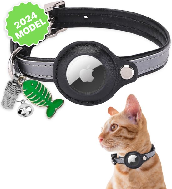 Foto: Petspace airtag halsband halsband kat kattenbandje geschikt voor apple airtag veilig en comfortabel katten accessoire grijs reflecterend inclusief adreskoker belletje maat m