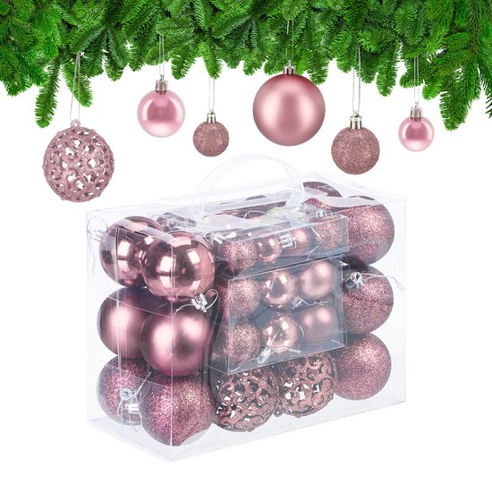 kerstballen - set van 50 - onbreekbaar - plastic - ∅ 3, 4 & 6 cm - roze