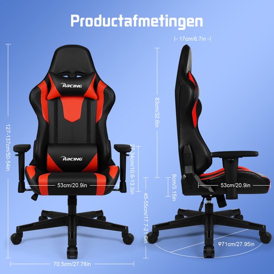 Chaise de Gaming - Chaise de Gaming avec dossier 90°-165° - Style course - Poids maximum 150 kg