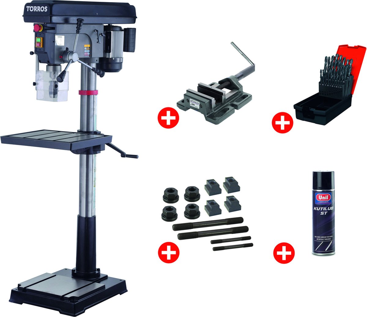 Professionele kolomboormachine boren tot ø 32 mm MK4 1,5 kW 230V + boorklem set spanbouten set boren 1-13 mm spuitbus Torros DF34M PACK