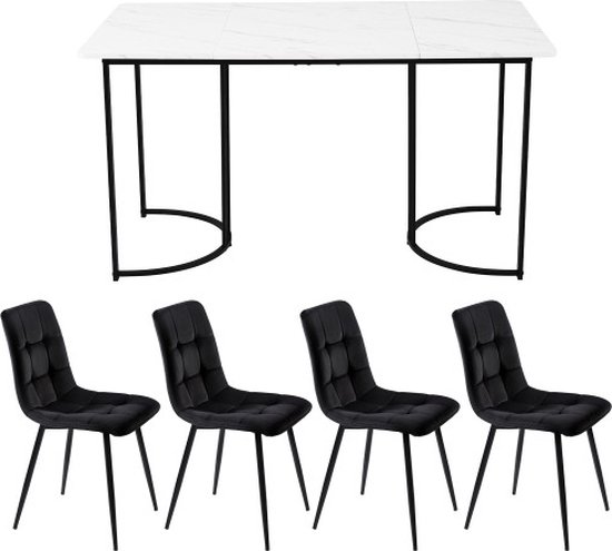 Ensemble de salle à manger (5 pièces) - ensemble table à manger avec 4 chaises - ensemble de table de cuisine moderne - table de cuisine 140×80cm avec pieds en métal noir - plateau de table en MDF blanc - chaises de salle à manger en velours noir
