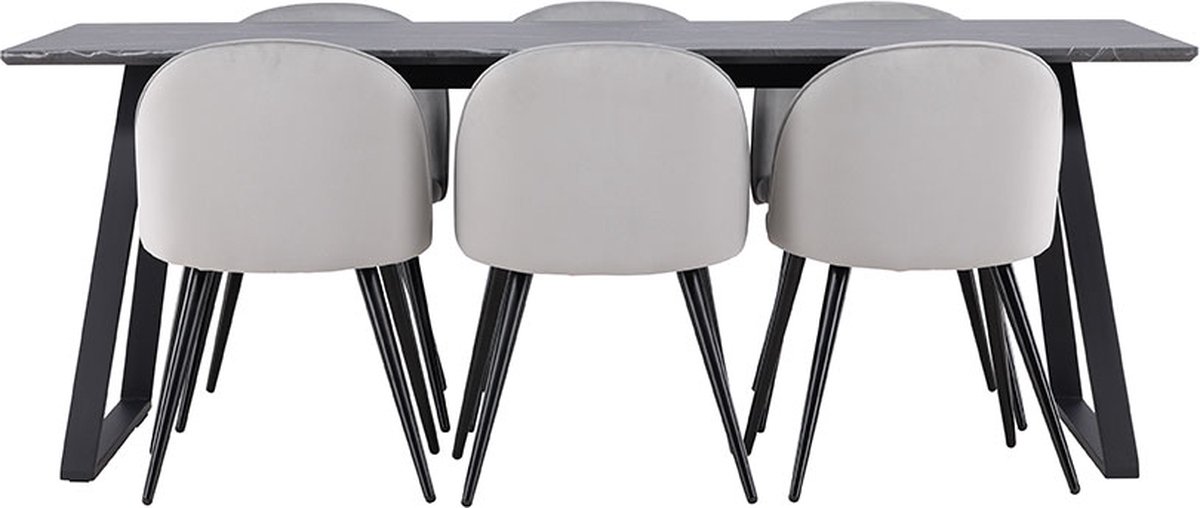 Malaga eethoek eetkamertafel 90x200cm donkergrijs en 6 Skagen stoel velours grijs.