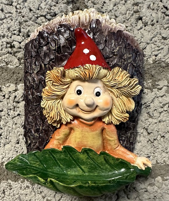 Decoratieve wanddecoratie "kabouter met voederbakje" - meerkleurig - hoogte 15 cm x 10 x 2 cm - polyresin - Tuinaccessoires
