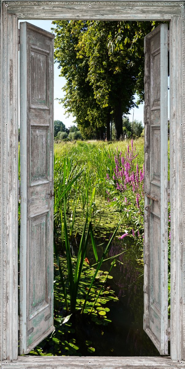D&C Collection - tuinposter - 85x170 cm - deuren sloot waterplanten - doorkijk - deurposte