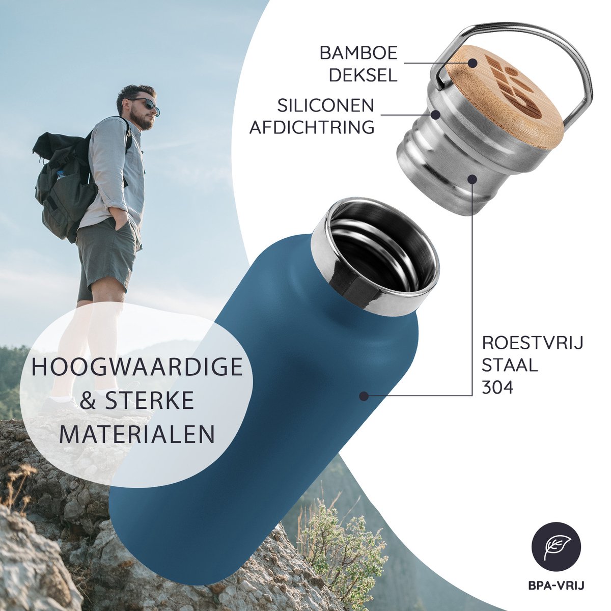 Bambaw® 750ml RVS Thermosfles - Isoleerfles, Dubbelwandig, Lekvrijen, loodvrij en Plasticvrij Geïsoleerde Fles met Bamboe Deksel voor Warme en Koude Dranken - Ideaal voor Reizen, Werk, Yoga, Wandelen en Dagelijks Gebruik – blauw — cadeau in Sport & Outdoor - foto 2