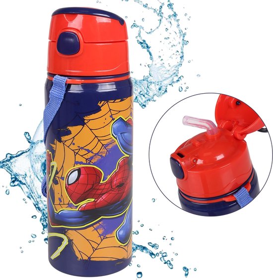 Foto: Spiderman aluminium drinkfles donkerblauw met band en naamlabel 600 ml