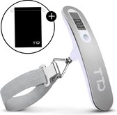 TTD® Kofferweegschaal met Travel Bag - Weegcapaciteit 50 kg - Bagageweegschaal - Bagageweger - Hangweegschaal - Digital Luggage Scale - Kofferweger - Reizen met Vliegtuig - kg/g/lbs/oz - Inclusief Batterijen - Wit