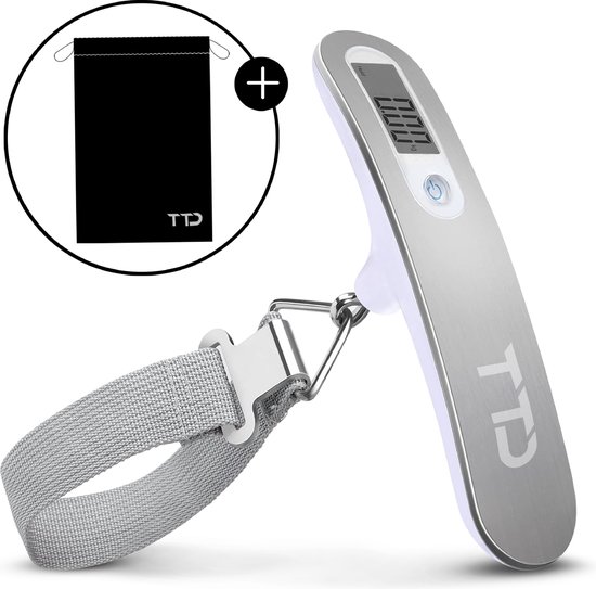 Zilverkleurige digitale kofferweegschaal met grijze stoffen band en een zwart etui.