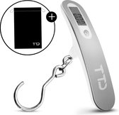 TTD® Kofferweegschaal met Haak en Travel Bag - Weegcapaciteit 50 kg - Bagageweegschaal - Bagageweger - Hangweegschaal - Digital Luggage Scale - Kofferweger - Reizen met Vliegtuig - kg/g/lbs/oz - Inclusief Batterijen - Wit
