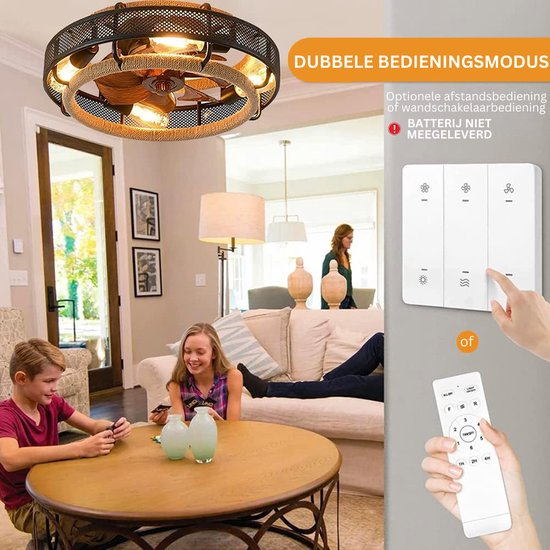 KZT Retro Plafondventilatoren met Verlichting en Afstandsbediening E27 Stille Hennep Touw Ventilator Plafondlamp 6 Versnellingen Omkeerbare Fan Plafondlamp voor Slaapkamer Woonkame Landhuis Café (b