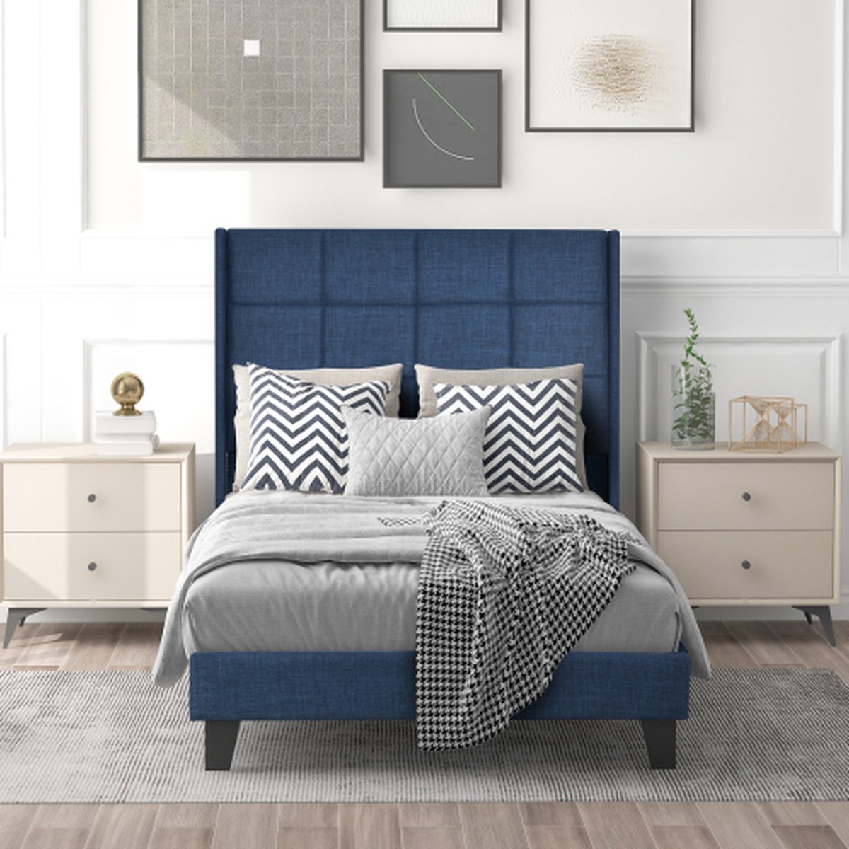 KOMHTOM Eenpersoonsbed 90x200 cm Bed volwassenen Modern bed met gestoffeerd hoofdeinde Blauw linnen