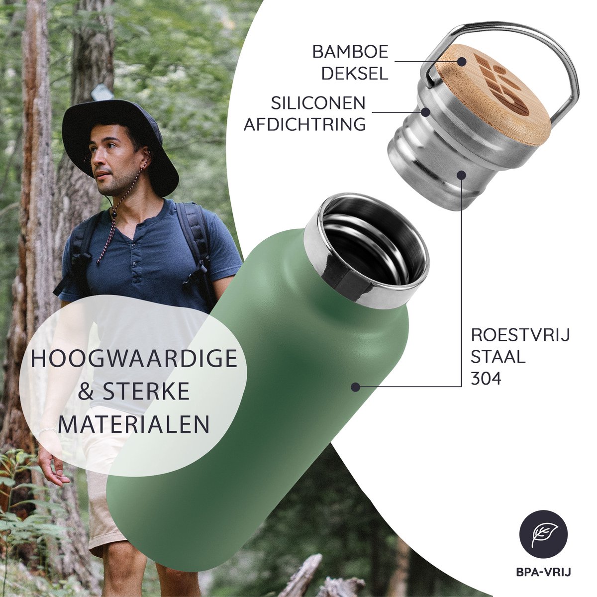 Bambaw® 1 Liter RVS Thermosfles - Isoleerfles, Dubbelwandig, Lekvrijen, loodvrij en Plasticvrij Geïsoleerde Fles met Bamboe Deksel voor Warme en Koude Dranken - Ideaal voor Reizen, Werk, Yoga, Wandelen en Dagelijks Gebruik – groen — cadeau in Sport & Outdoor - foto 2