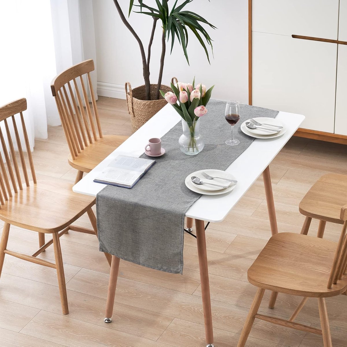 Tafelloper, waterafstotend, linnenlook, vlekbescherming, afwasbaar, als tuintafelkleed, voor buiten, voor eettafel, donkergrijs, 30 x 180 cm