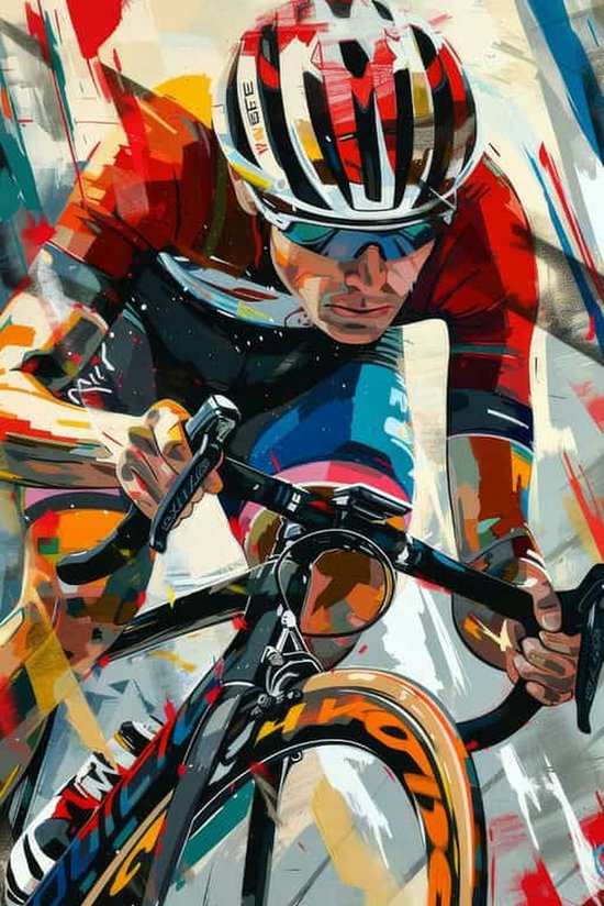 Cycliste en tenue rouge, casque à rayures et lunettes de soleil. Style abstrait et coloré.