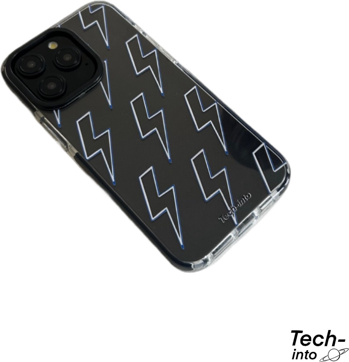 iPhone 15 Pro Max - Blue White Lightning Case - Shockproof - Zwarte Bumper - Doorzichtige Back Cover - Bliksemschicht Patroon Hoesje
