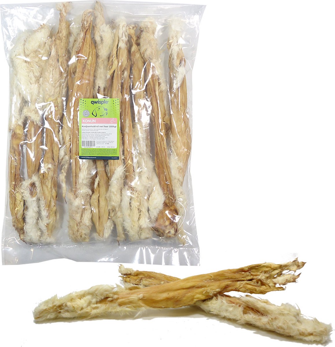 Qwisple Konijnenhuid rol met haar - Natuurlijke Hondensnacks - 1000 gr