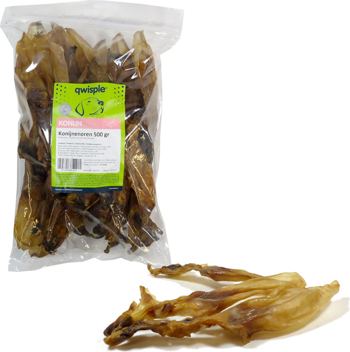 Qwisple Konijnenoren - Hondensnacks Gedroogd Konijn - 500 gr