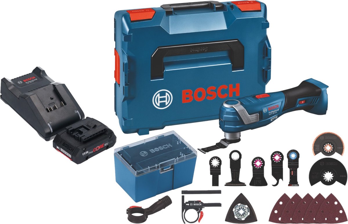 Bosch GOP 18V-34 Professional accu-multicutter 18 V Starlock Plus + 1x ProCore-accu 4,0 Ah + oplader + 17-delige accessoireset + L-Boxx