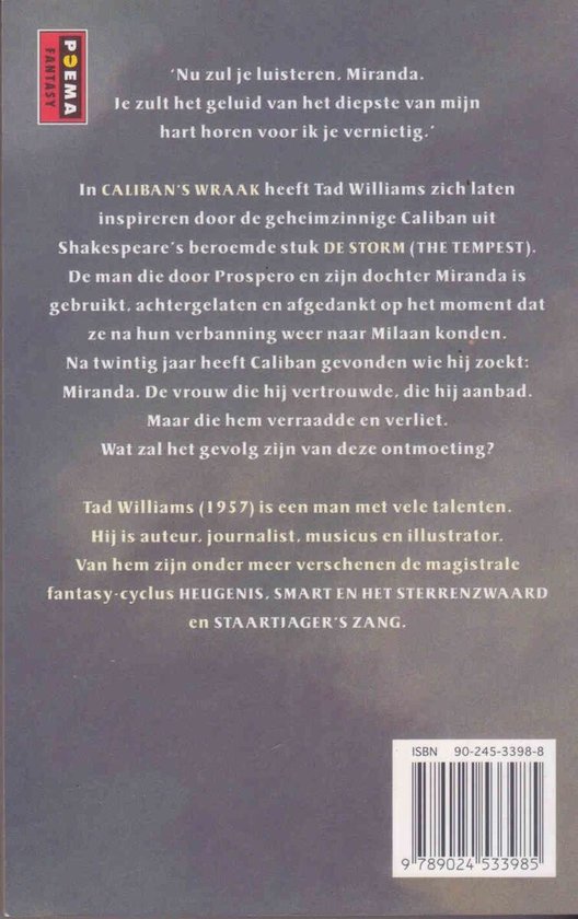 Boekomslag met tekst, inclusief een citaat, de auteur Tad Williams, en een korte biografie.