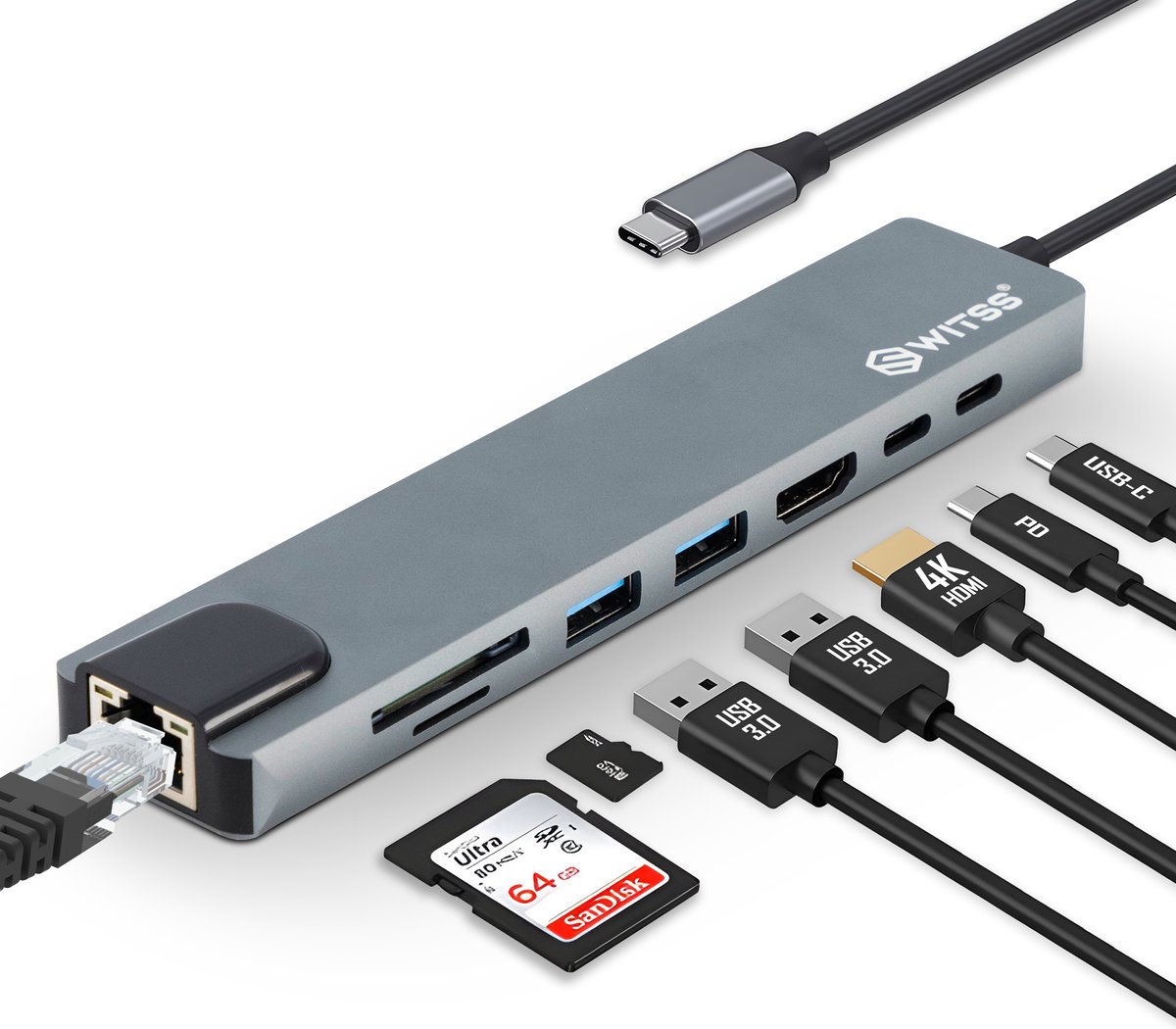 Switss® - USB C Hub 8 in 1 - HDMI - Ethernet RJ45