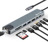 Grijze 8-in-1 USB-C hub met aangesloten Ethernet kabel, SD-kaart, USB A 3.0, USB-C, HDMI 4K en PD kabels. Met Witss logo.