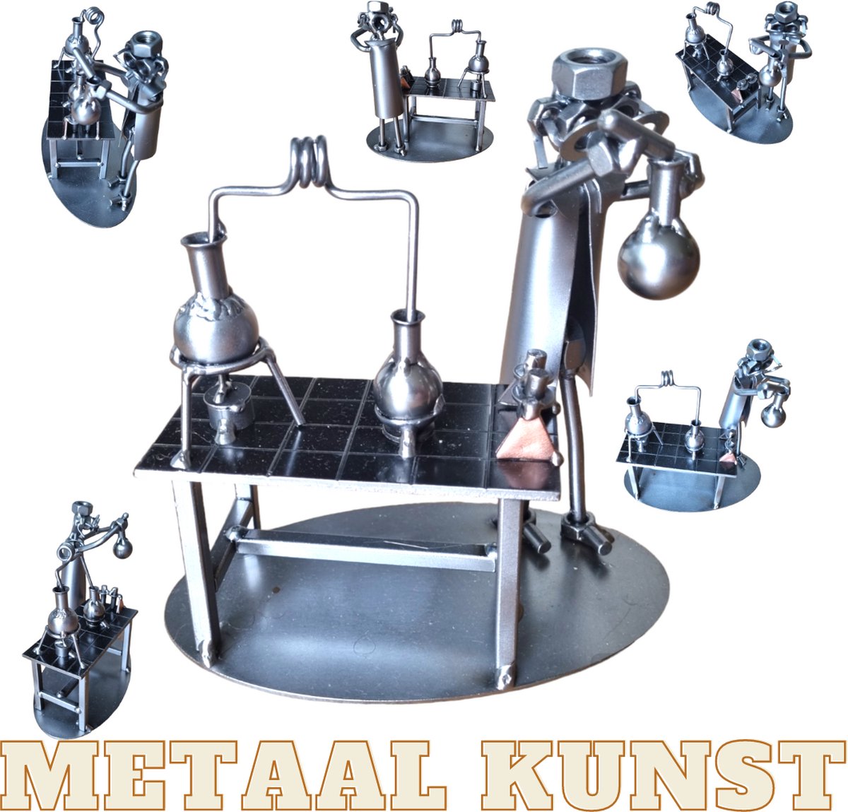 Scheikundige-scheikunde-metalen beeld-metaal kunst-laborant-chemische experimenten-wetenschapper-uniek-verjaardag-cadeau-sinterklas gift-kerst-geschenk