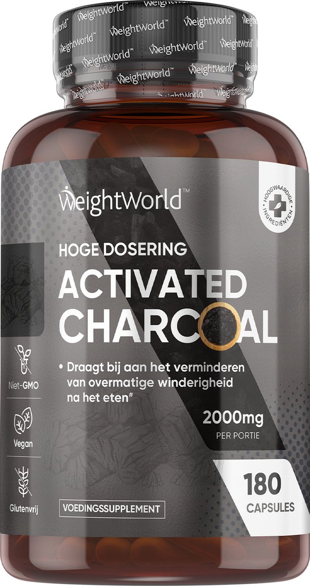 Goedkoopste WeightWorld Actieve Kool capsules - 2000 mg - 180 vegan capsules - Bij gasophoping in de darmen
