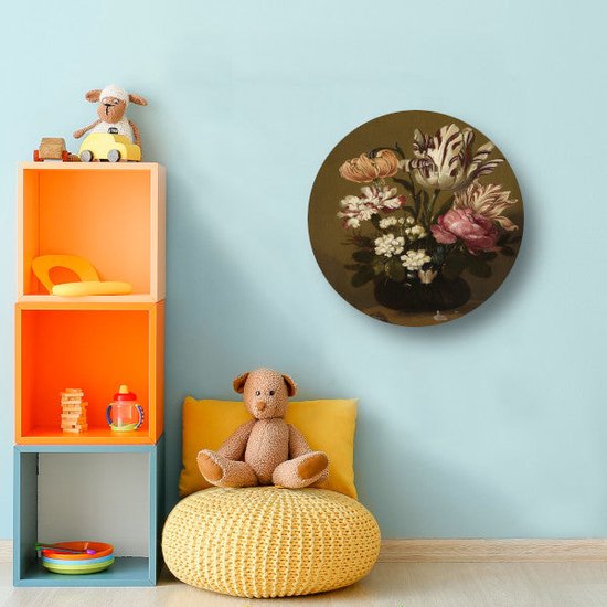 Bloemstuk - Hans Bollongier wandpaneel - Bloemen schilderij - Rond schilderij Natuur - Muurdecoratie kinderkamer - Wandschaal - Schilderijen muurcirkel aluminium 70x70 cm