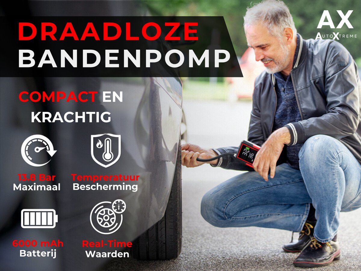 150PSI Draagbare Luchtcompressor, 6000mAh Bandenpomp met 4 Mondstukken, LED-zaklamp en