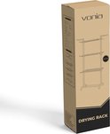 Vierkante, bruine kartonnen verpakking voor een donkergrijs kledingrek met 3 lagen. Tekst: "vonia DRYING RACK".