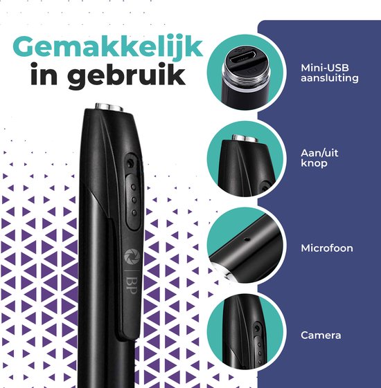 Zwarte pen met camera. Close-ups tonen de mini-USB-aansluiting, aan/uit-knop, microfoon en camera. Tekst: 'Gemakkelijk in gebruik'.
