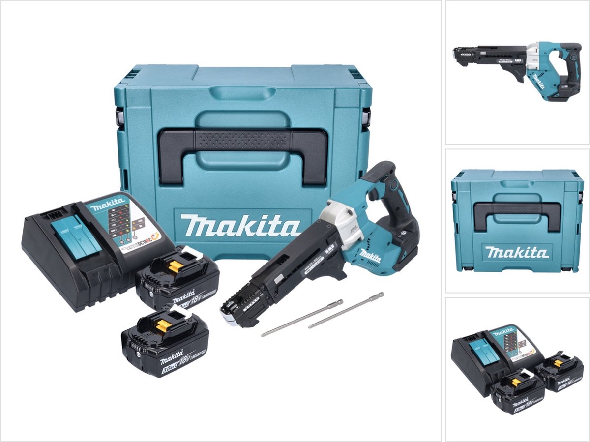 Makita DFR 551 RFJ accu-schroefmachine met magazijn 18 V 25 - 55 mm borstelloos + 2x accu 3,0 Ah + oplader + Makpac