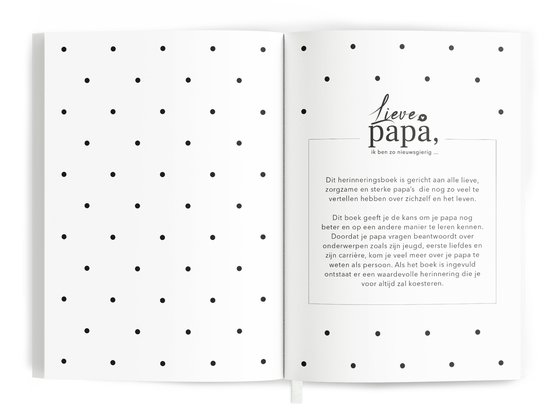 Open boek met tekst "Lieve papa, ik ben zo nieuwsgierig..." en uitleg over het boek