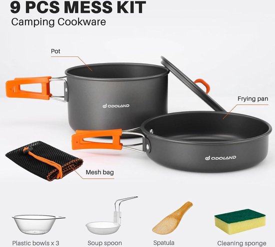 Kookgerei voor kamperen met anti-aanbaklaag - Lichtgewicht campingpotten en pannen set - Inclusief kommen, soeplepel - Voor backpacken, buiten koken en picknicken - Geschikt voor 2-3 personen camping pannenset — afbeelding 4