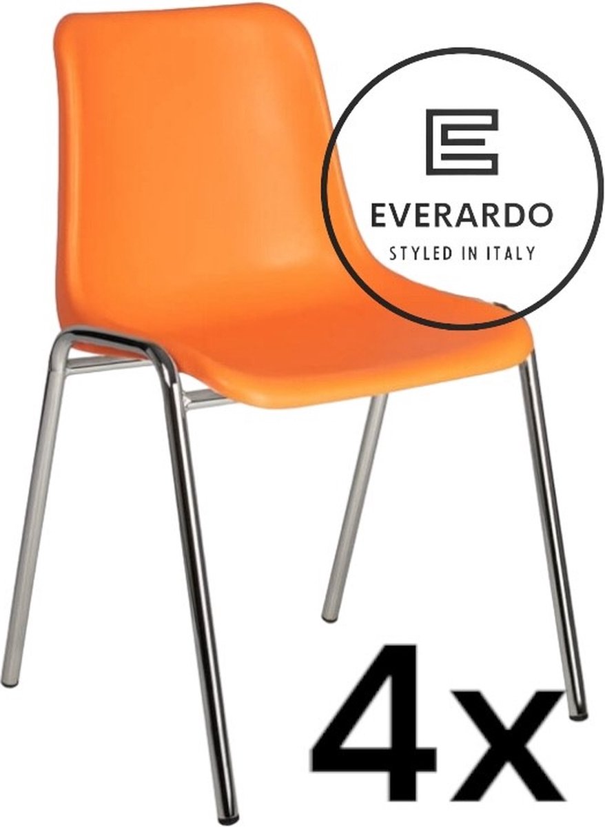 King of Chairs set van 4- model KoC Everardo oranje met verchroomd onderstel. Kantinestoel stapelstoel kuipstoel vergaderstoel tuinstoel kantine stoel stapel kantinestoelen stapelstoelen kuipstoelen stapelbare keukenstoel Helene eetkamerstoel
