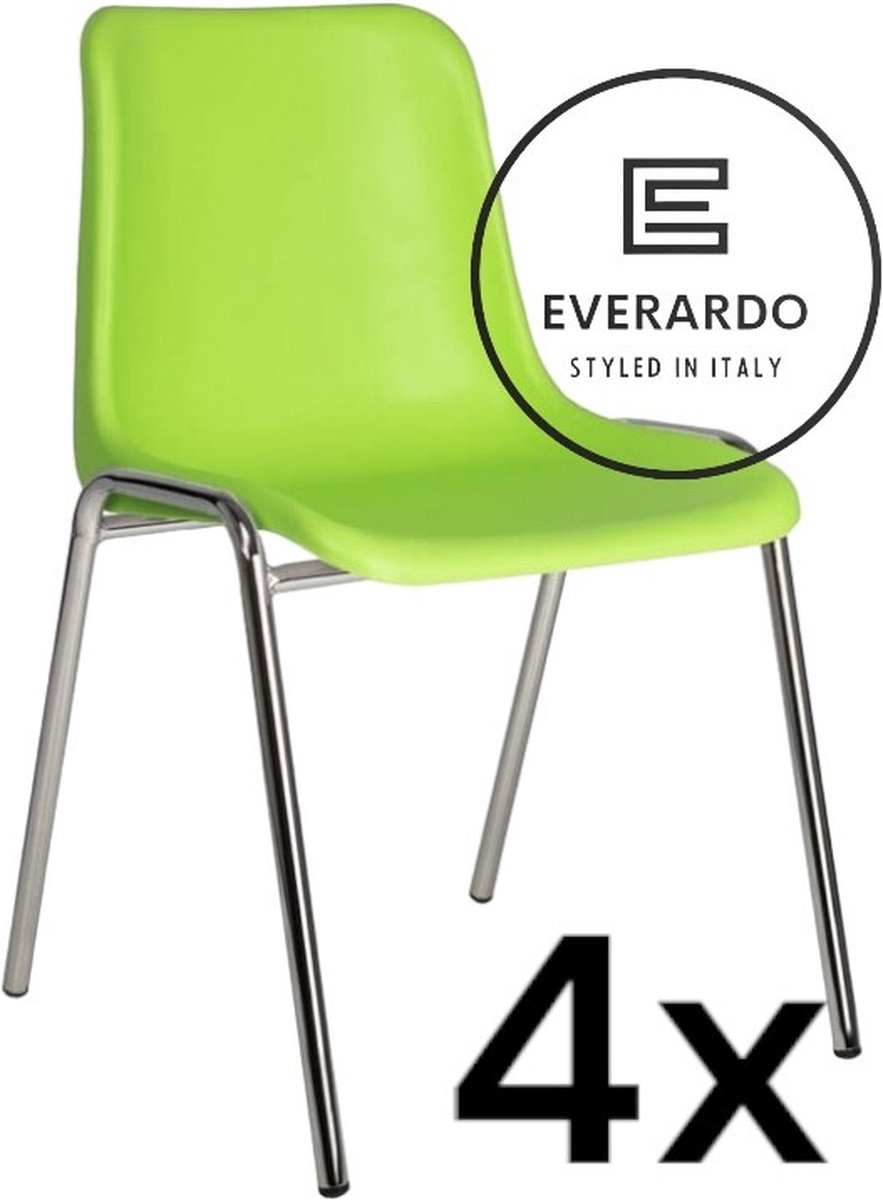 King of Chairs set van 4- model KoC Everardo lime met verchroomd onderstel. Kantinestoel stapelstoel kuipstoel vergaderstoel tuinstoel kantine stoel stapel kantinestoelen stapelstoelen kuipstoelen stapelbare keukenstoel Helene eetkamerstoel Limegroene zitting met verchroomd onderstel