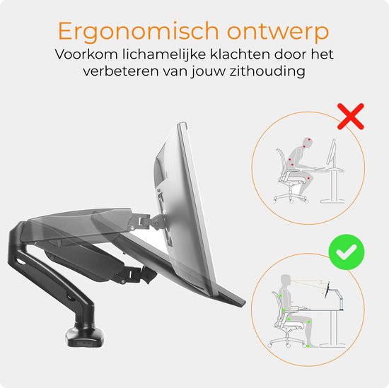 Ergonomisch ontwerp monitorarm, illustreert correcte en incorrecte zithouding bij een bureau.