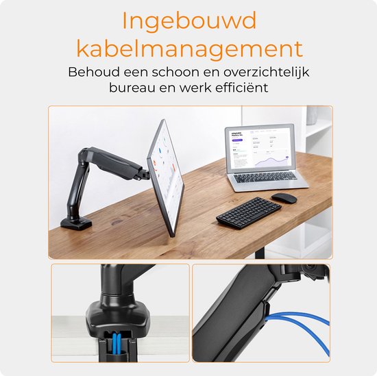 Zwarte monitorarm met ingebouwd kabelmanagement, gedemonstreerd op een bureau met monitor, laptop en muis.
