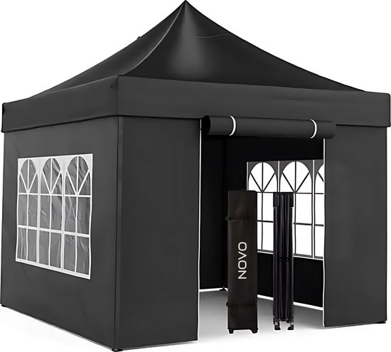NOVO® Partytent Luxe - Easy up - 3 x 3m - Paviljoen met Zijpanelen - Waterdicht - Opvouwbaar - In Hoogte Verstelbaar - Zwart