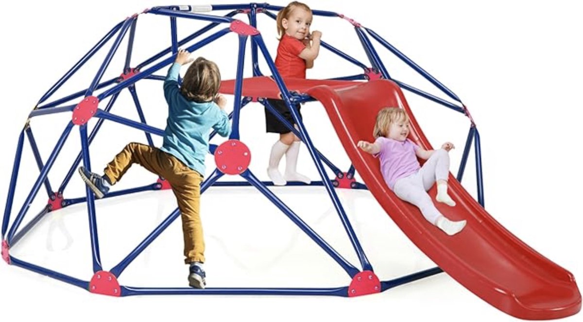 VORLOU Klimkoepel met glijbaan koepelvormig klimrek met stoffen platform 180 kg draagvermogen buiten- en binnenspeeltuin voor 3-10 jaar ideaal voor sportschool achtertuin