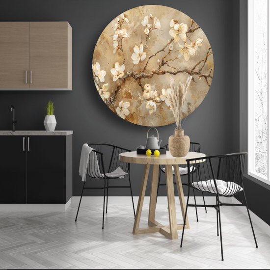 Cercles muraux fleuris - Cercle mural nature - Peinture ronde Branches - Tableaux modernes - Cercles muraux - Oeuvres peinture cercle mural aluminium 60x60 cm