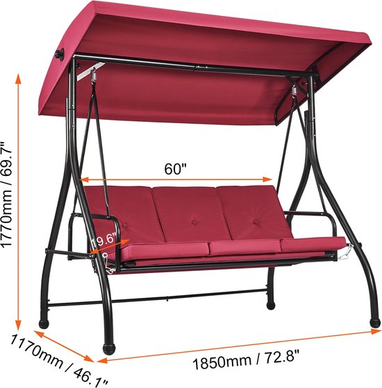 Foto: Decotopia schommelstoel 3 zit schommelbank buiten verstelbare luifel dikke kussens rood