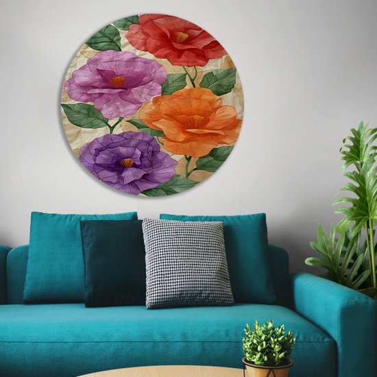 Panneau mural Fleurs - Décoration murale nature ronde - Décoration murale ronde feuilles - Décoration murale campagne - Écailles murales - Art mural cercle forex 60x60 cm