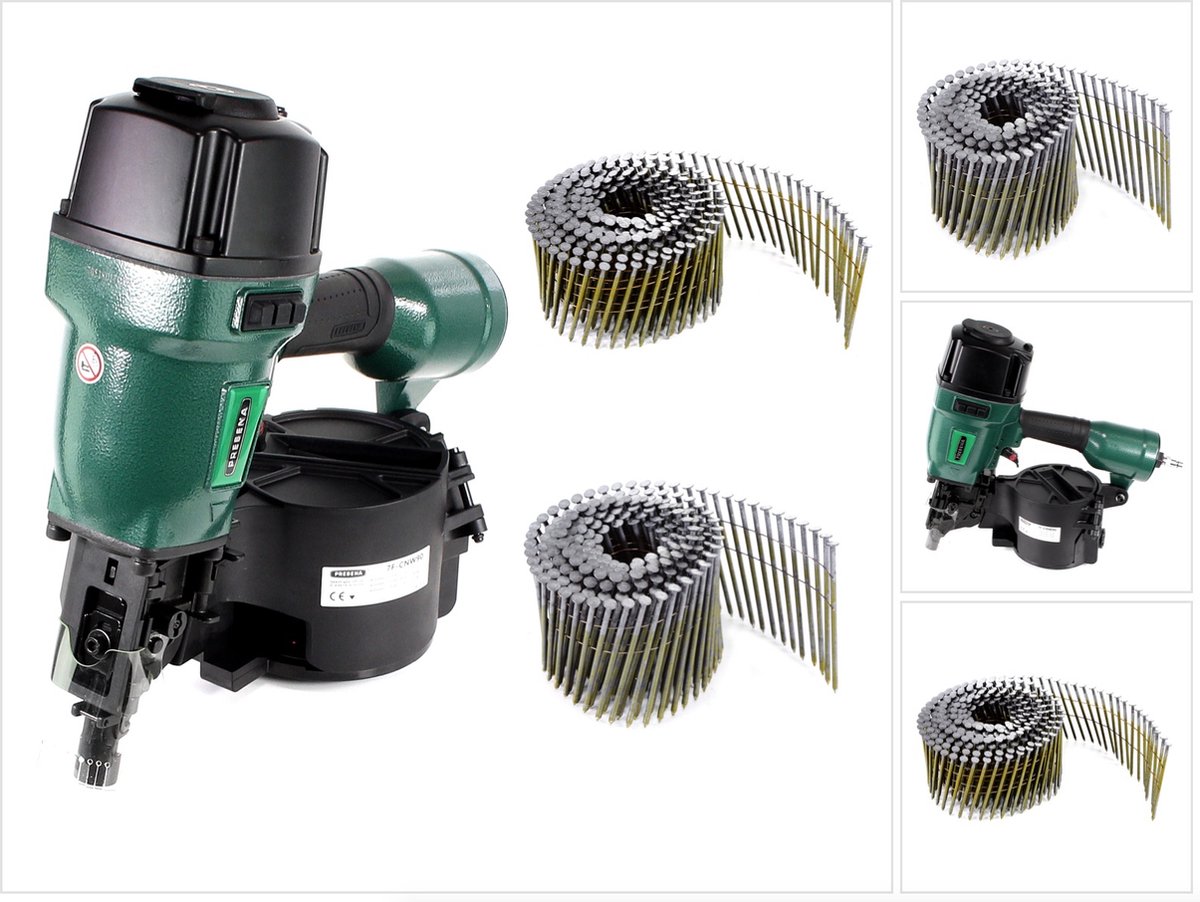 Prebena 7F-CNW90-S01 pneumatische spijkermachine voor spijkers op rol type CNW van 45 - 90 mm + spijkers op rol met ringstaaf 7200 stuks + spijkers op rol met ringstaaf 3600 stuks