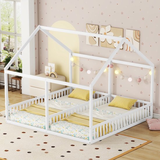 Sweiko Lit enfant, lit 2 en 1, lit simple 90 x 200 cm, lit plat, modèle maison, avec grille de protection, Wit(Geen matelas)