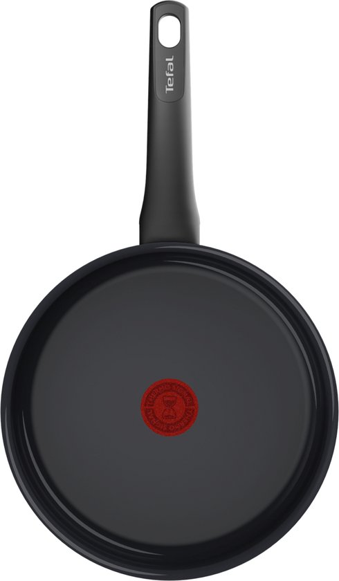 Zwarte Tefal hapjespan met rode thermospot en zwart handvat.